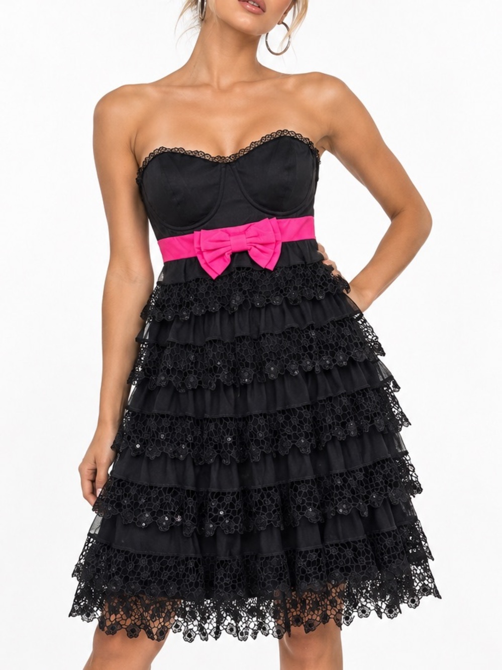 Vintage Y2K Betsy Johnson Evening Strapless Black Lace Pink Bow Dress 12